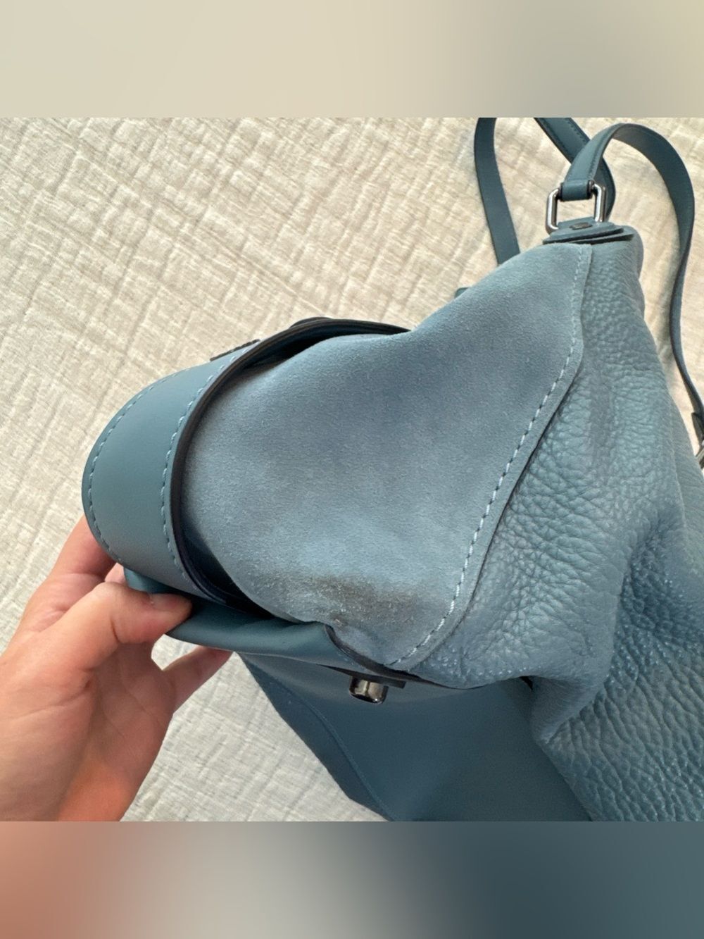 Coach Edie 42 Buffalo-Embossed Mixed Leathers Blue Large Shoulder Bag - Picture 14 of 16